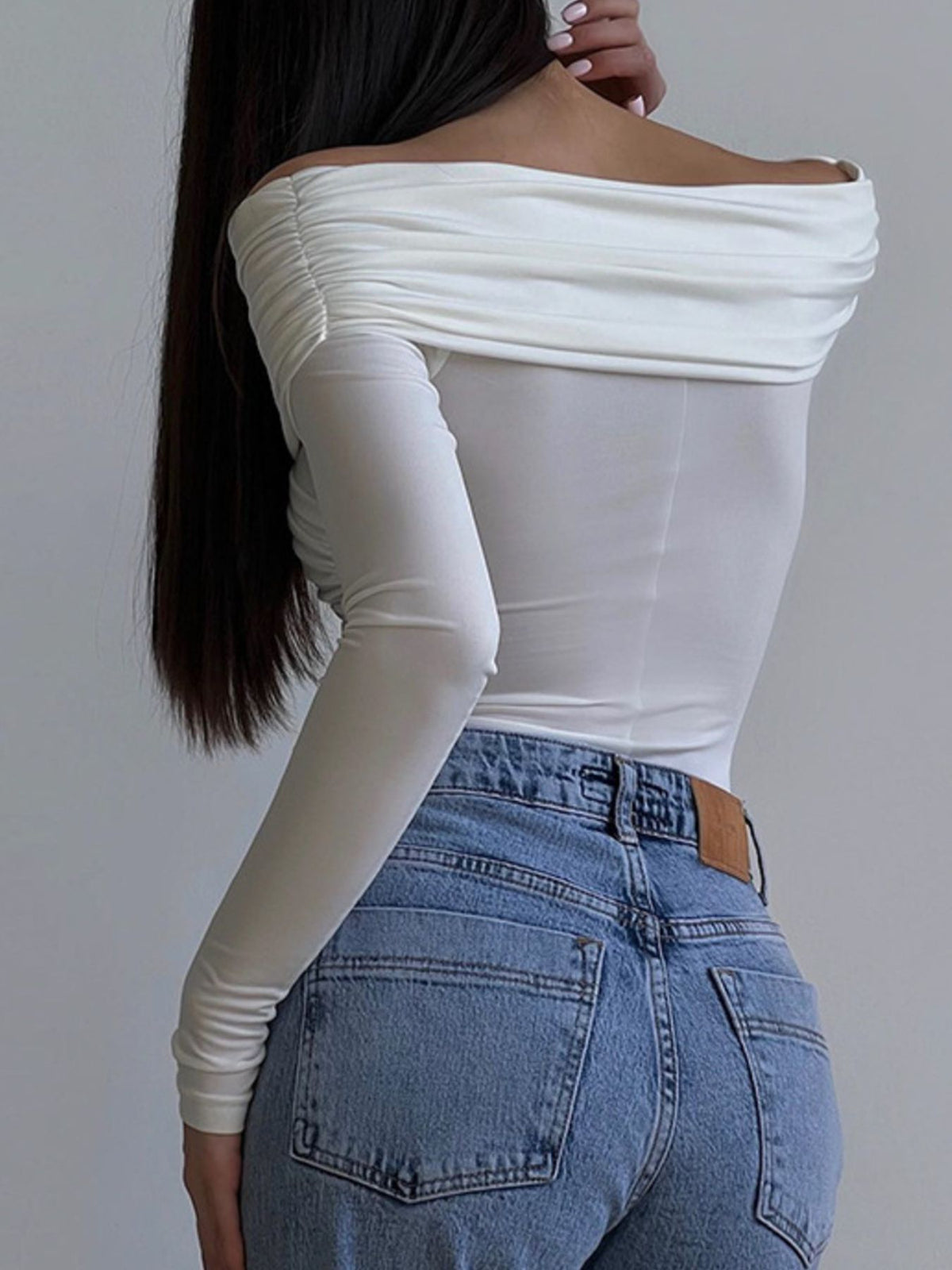 Off-Shoulder Ruched Long Sleeve Bodysuit - Lilixa.store