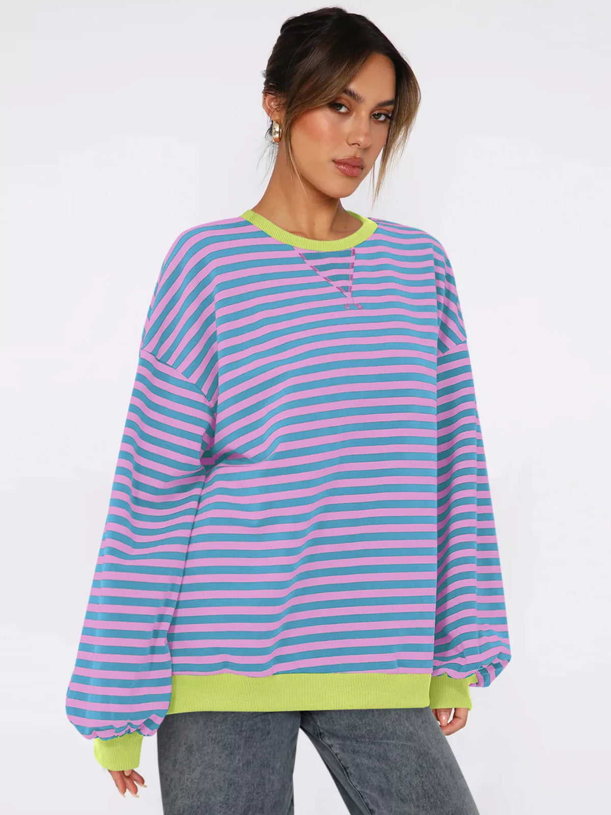 Striped Round Neck Long Sleeve Sweatshirt - Lilixa.store