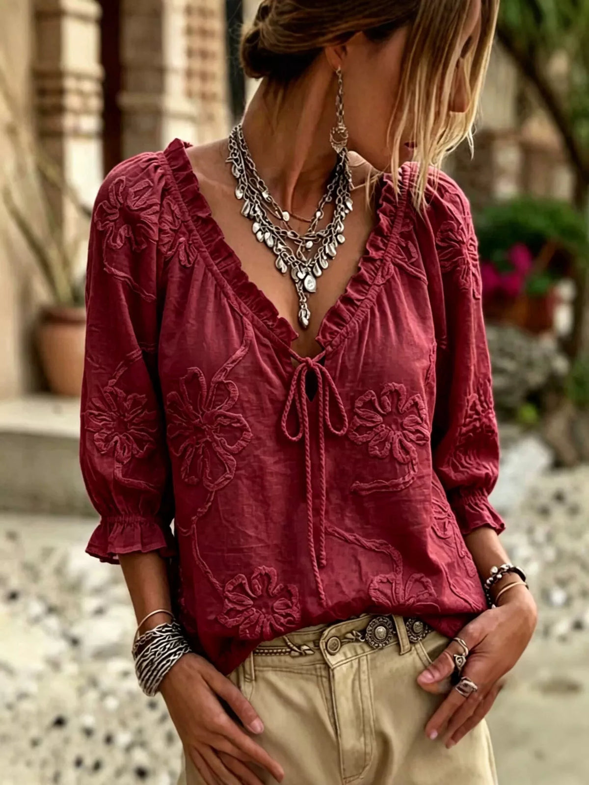 Floral Tie Neck 3/4 Sleeve Blouse