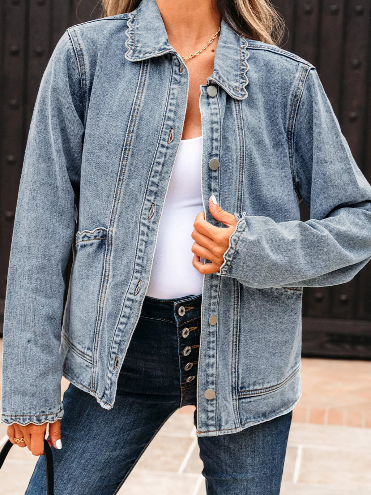 Scallop Trim Collar Patched Pocket Button Up Denim Jacket, view 2