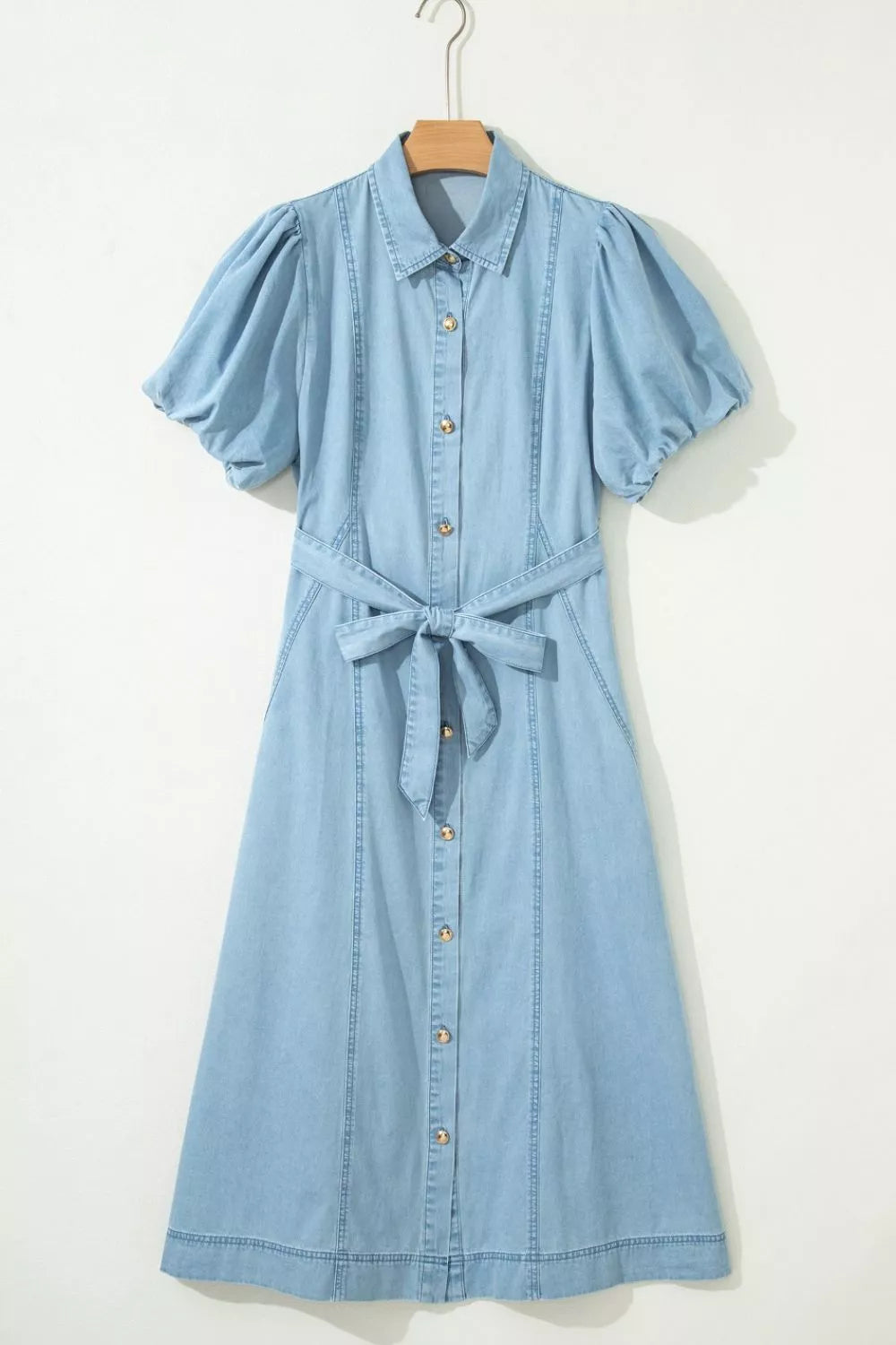 Full Buttons Collared Short Bubble Sleeve Long Denim Dress in Light Blue, view 8