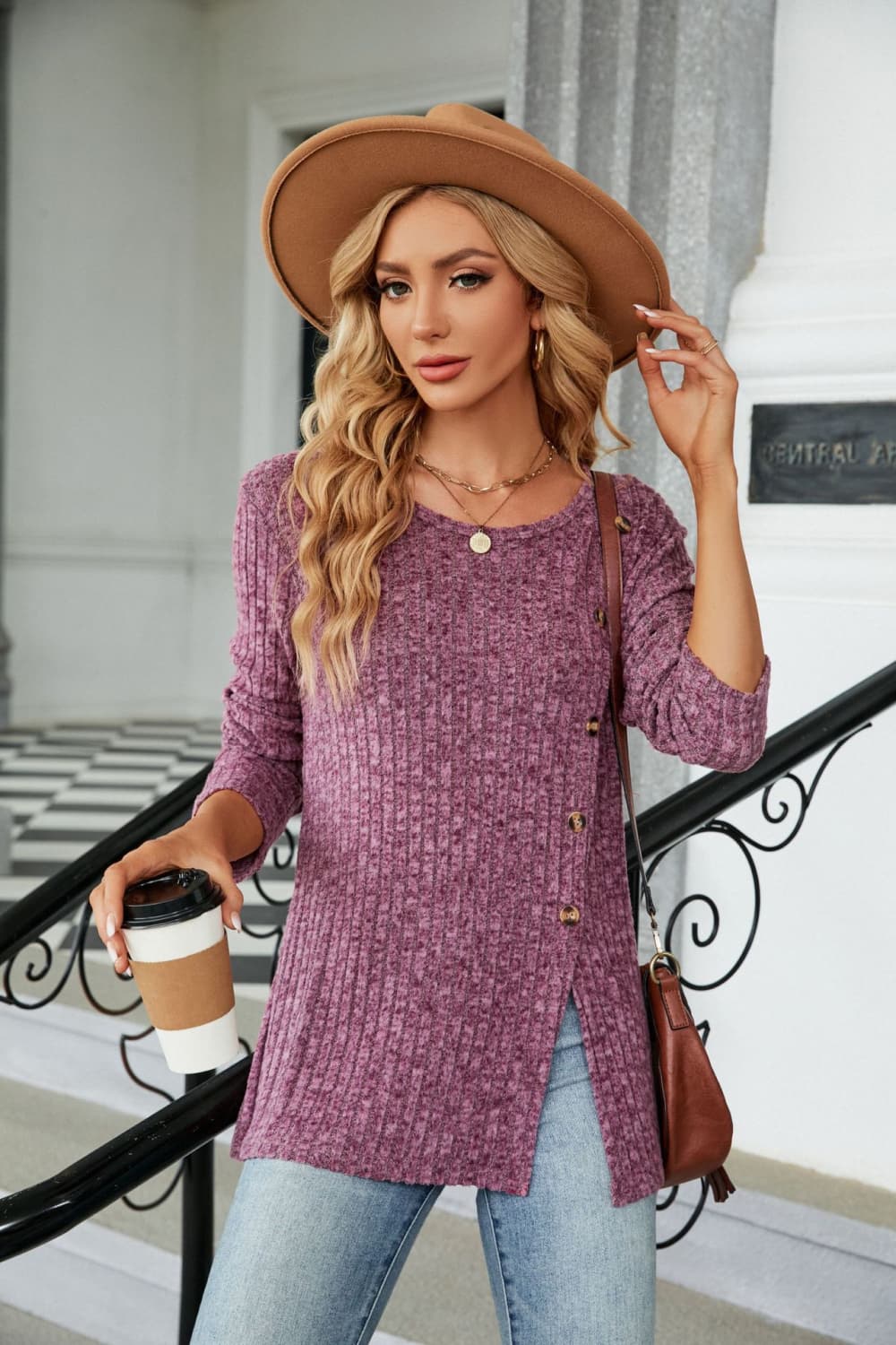 Buttoned Long Sleeve Slit Top, view 2