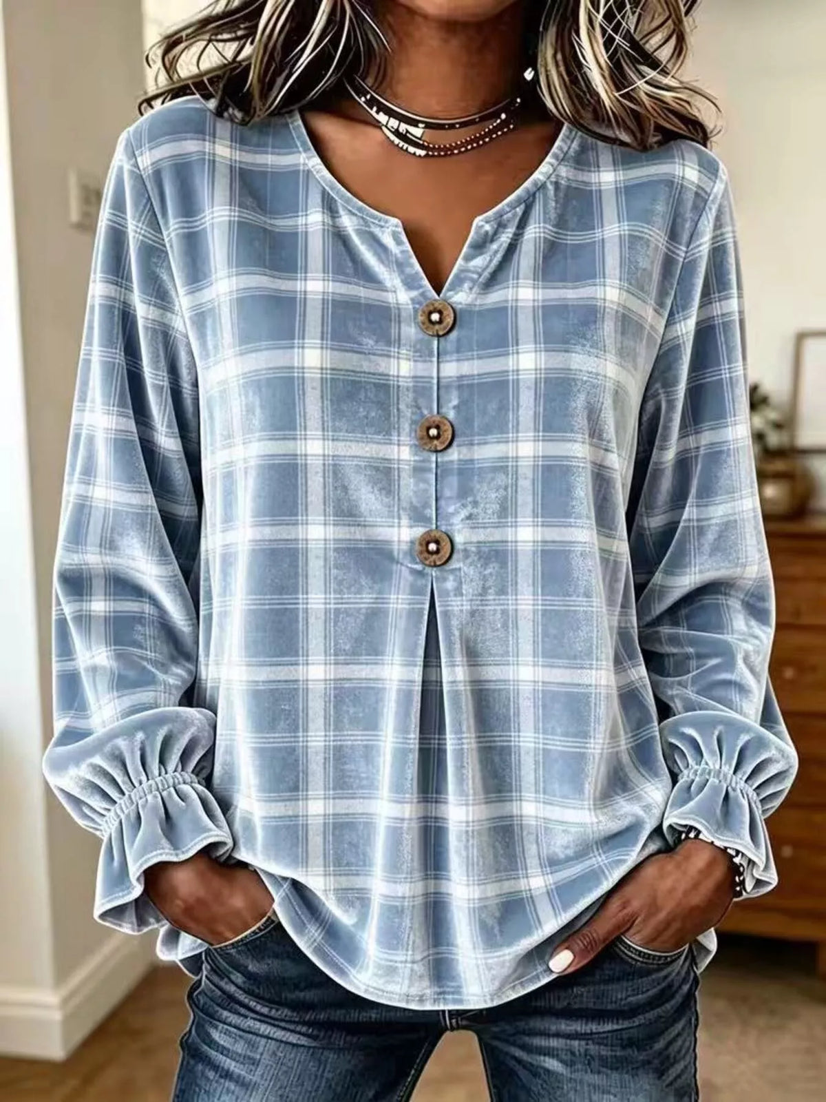 Full Size Plaid Velvet Flounce Sleeve Blouse Plus Size in Light Blue