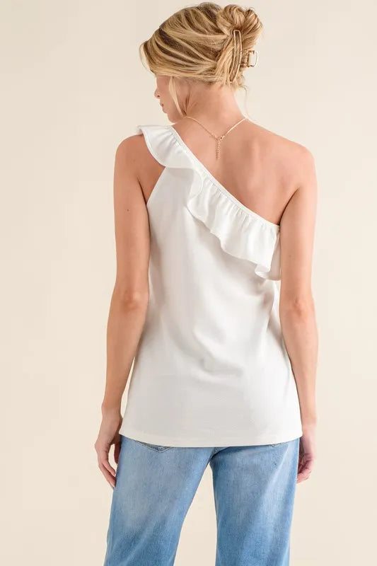 And The Why Ruffle One Shoulder Sleeveless Tank Top in White, view 3