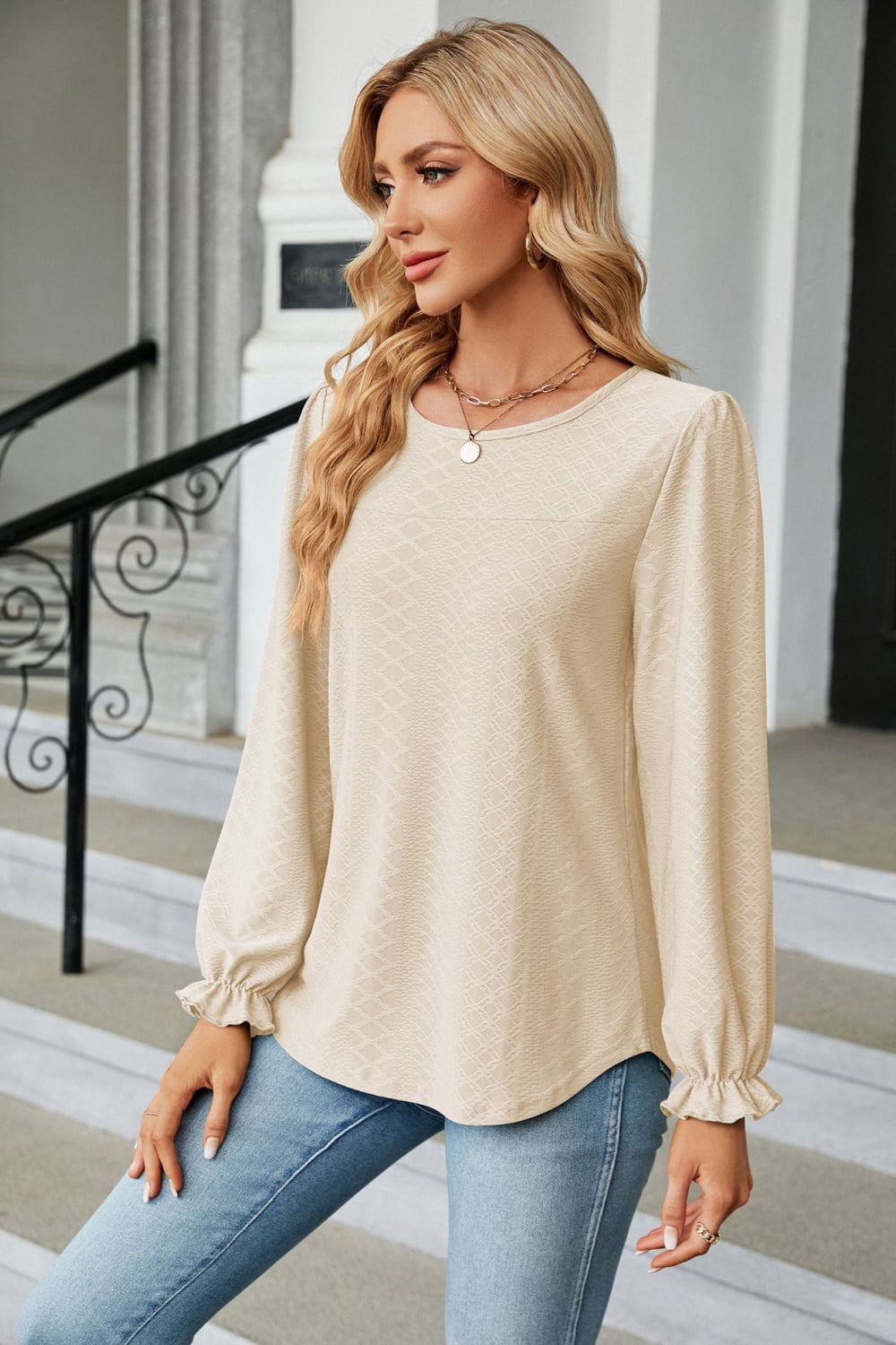 Round Neck Flounce Sleeve Blouse, view 7