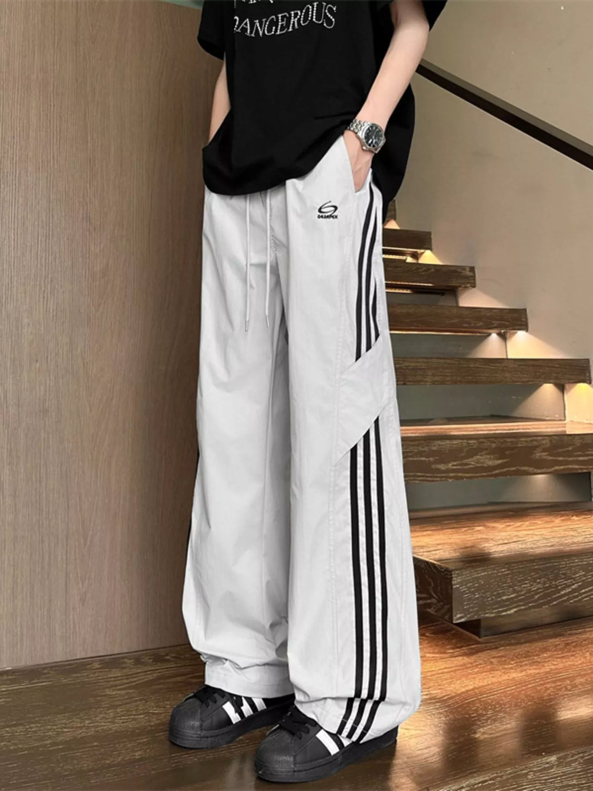 Men's Full Size Stripe Wide Leg Pants Plus Size in Light Gray