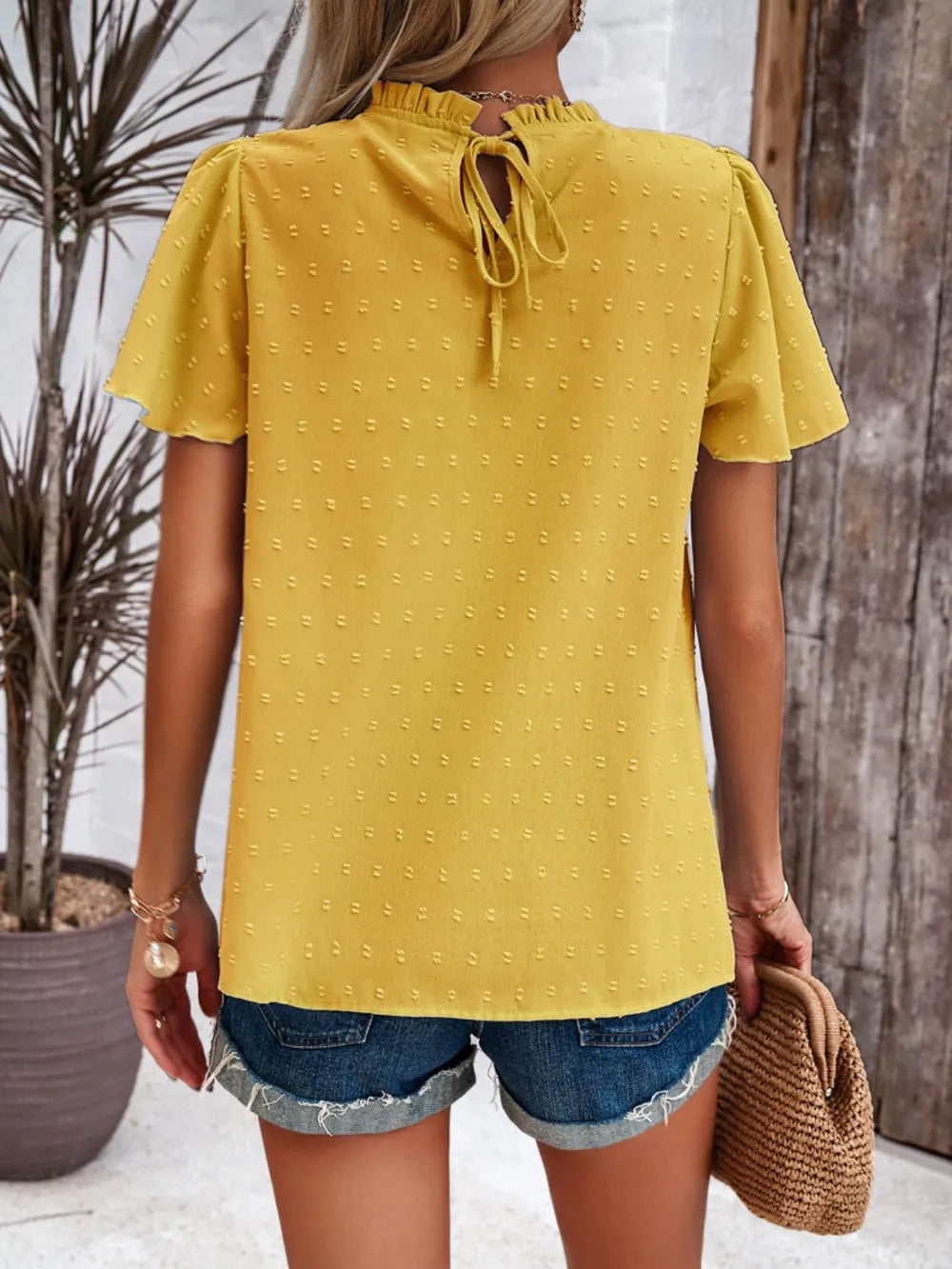 Devine Swiss Dot Smocked Round Neck Short Sleeve Blouse - Lilixa.store