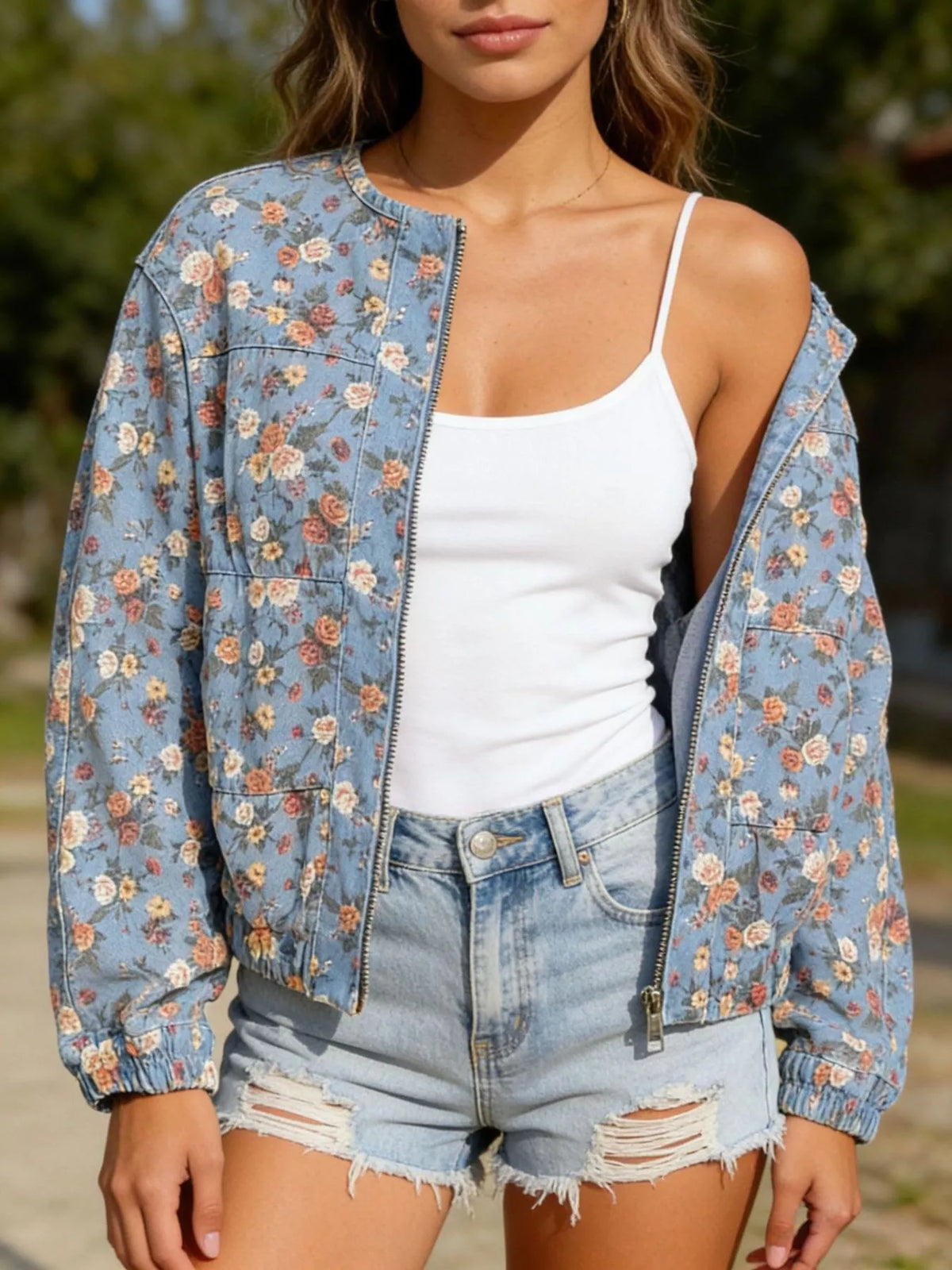 Floral Print Zip Up Denim Jacket in Light Blue