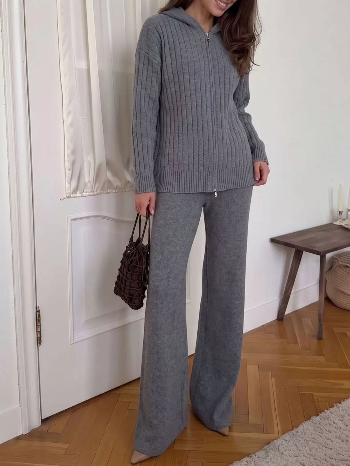 Cozy Ribbed Knit Zip-Up Hoodie and Wide-Leg Pants Sweater Set in Dark Gray