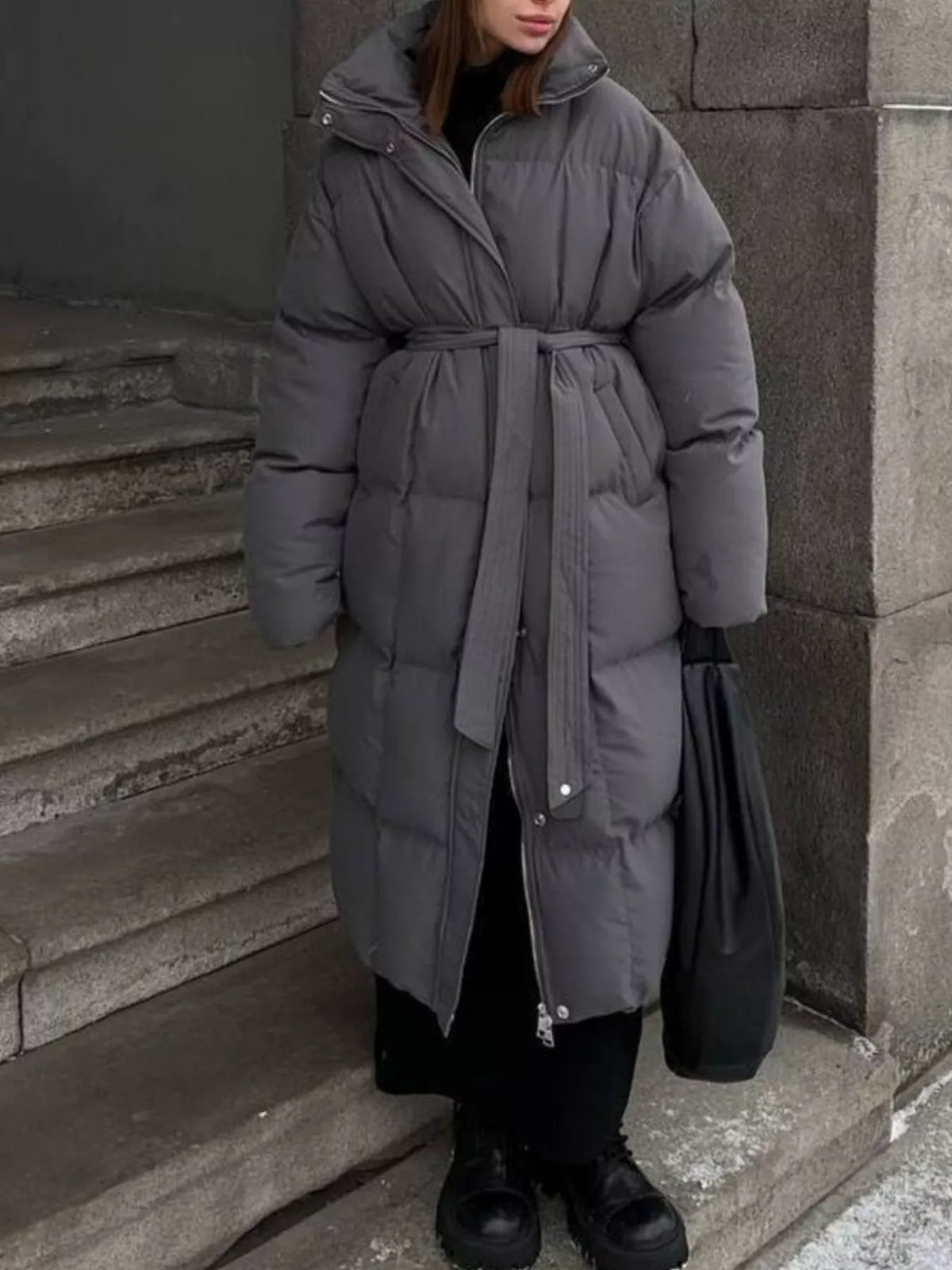 Longline Padded Winter Coat with Belted, view 16