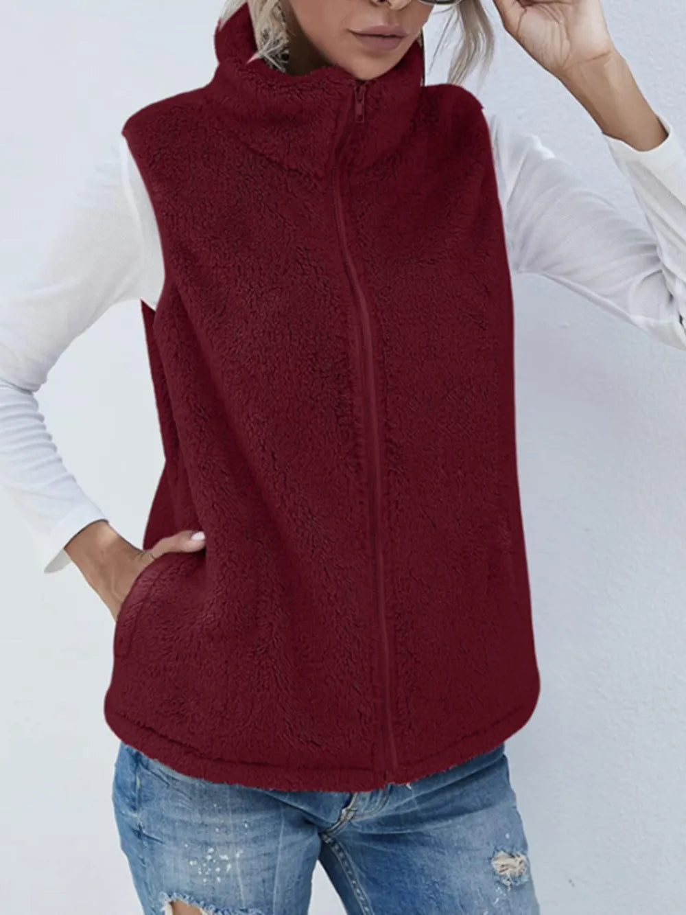 Full Size Fuzzy Zip Up Vest Coat with Pockets in Burgundy