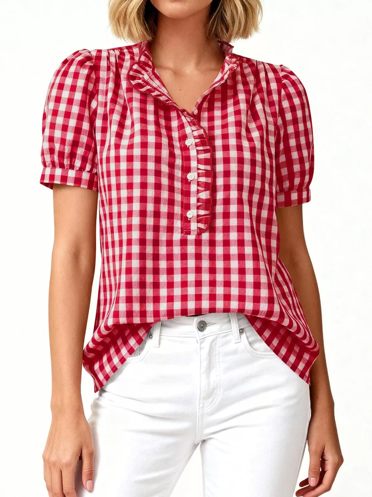 Gingham Button Front Puff Sleeve Blouse, view 6
