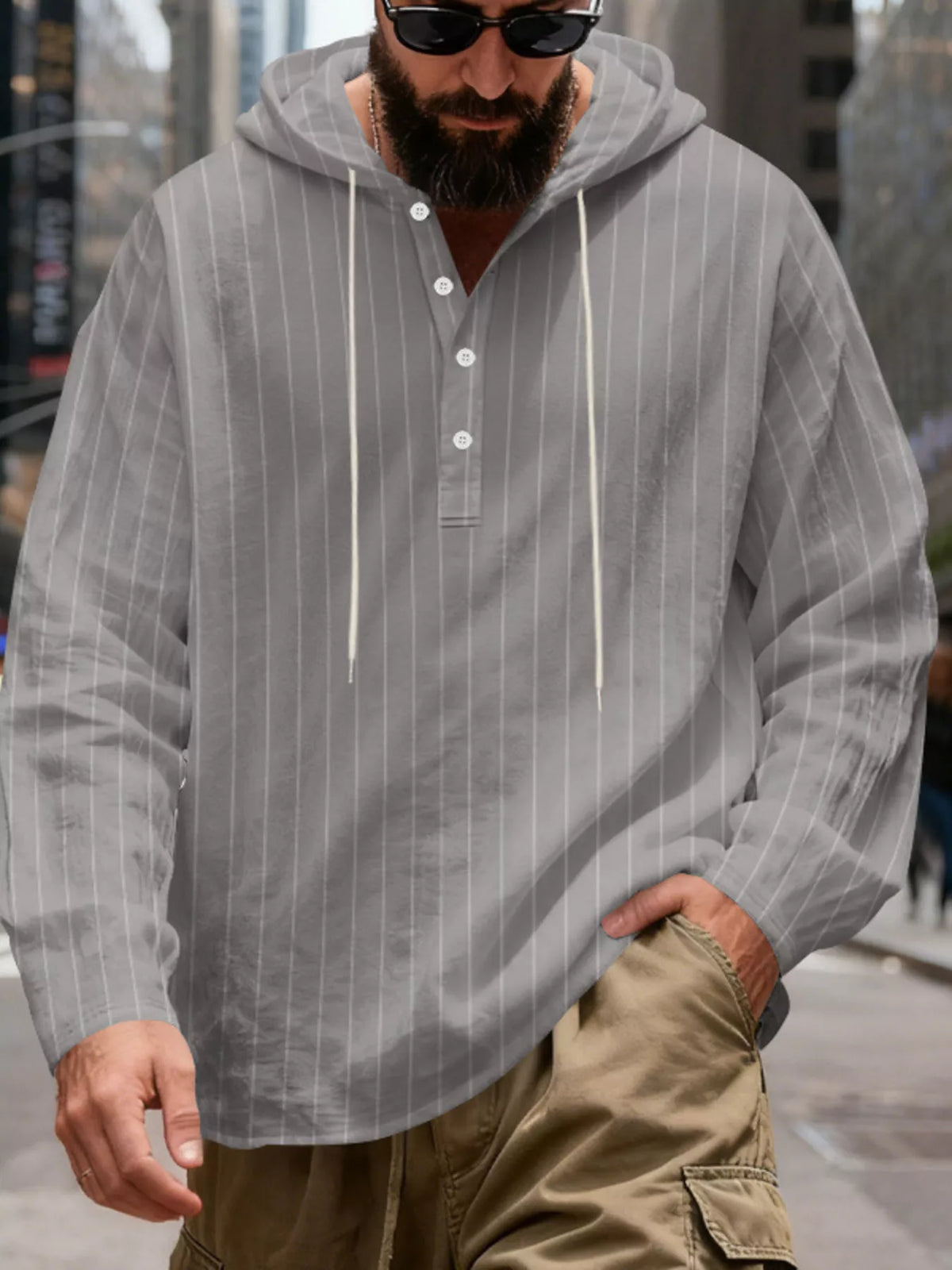 Men's Full Size Casual Striped Henley Hoodie with Drawstring Plus Size, view 12
