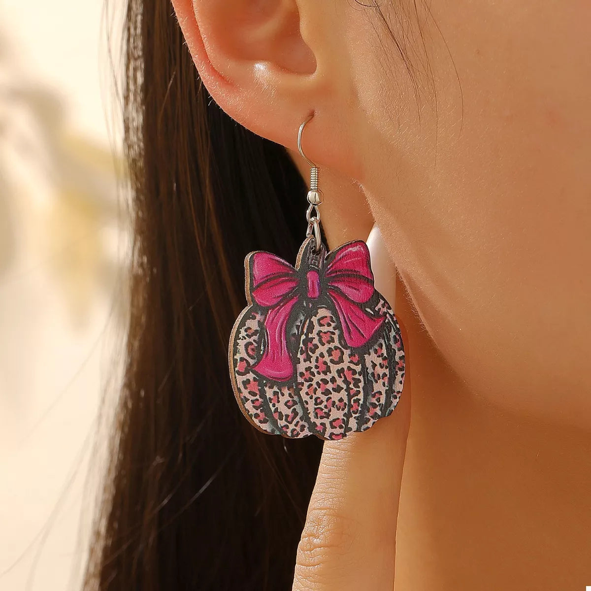 Halloween Pumpkin Leopard Print Bow Earrings - Lilixa.store