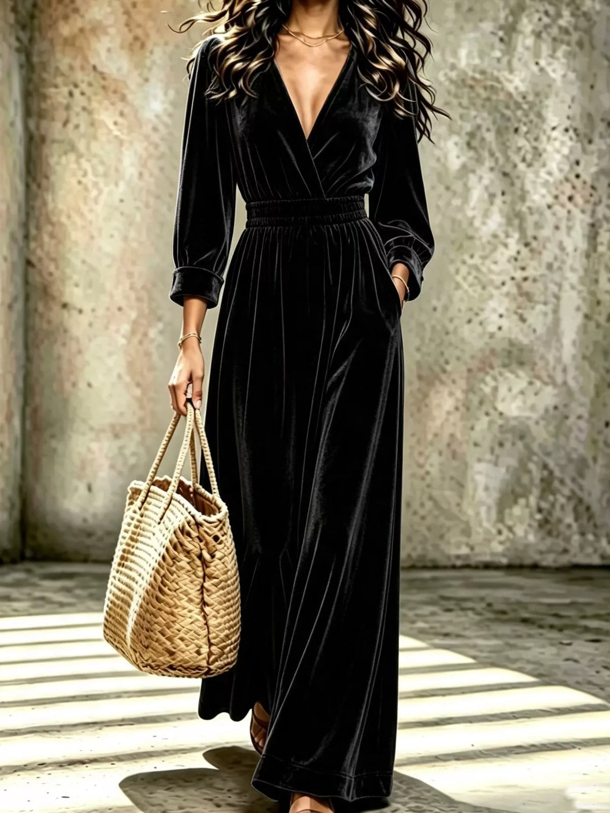 Velvet Surplice Long Sleeve Jumpsuit - Lilixa.store