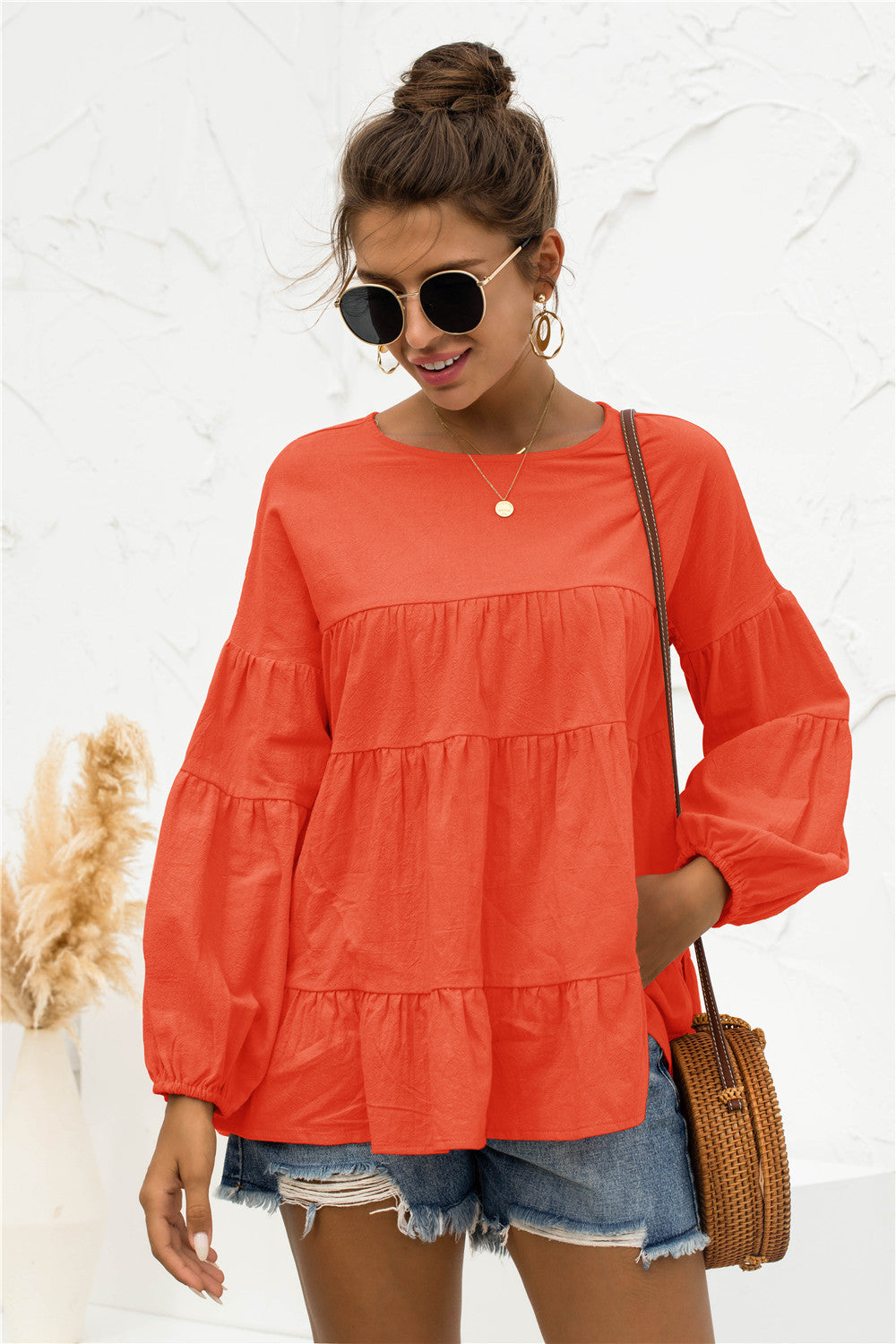 Round Neck Bubble Sleeve Tiered Blouse, view 3