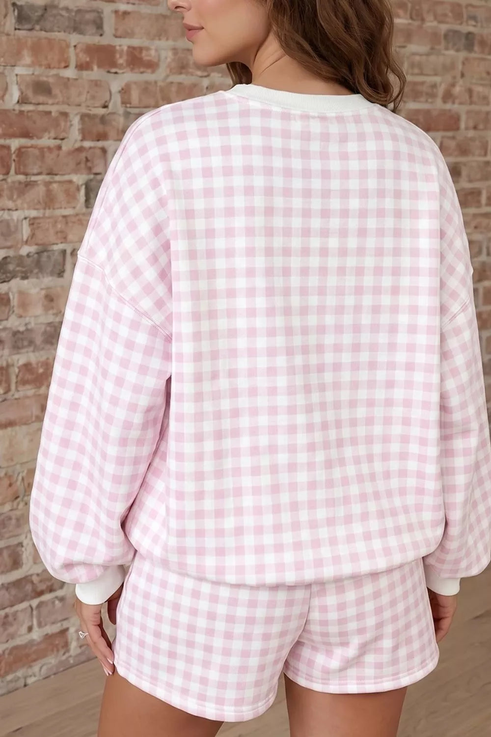 Gingham Long Sleeve Sweatshirt and Shorts Set - Lilixa.store