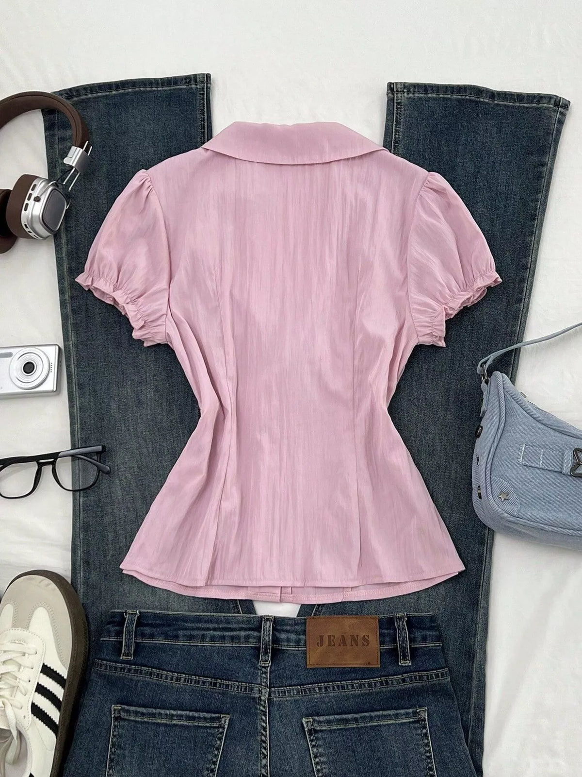 Frill Button Up Short Sleeve Shirt in Pink, view 3