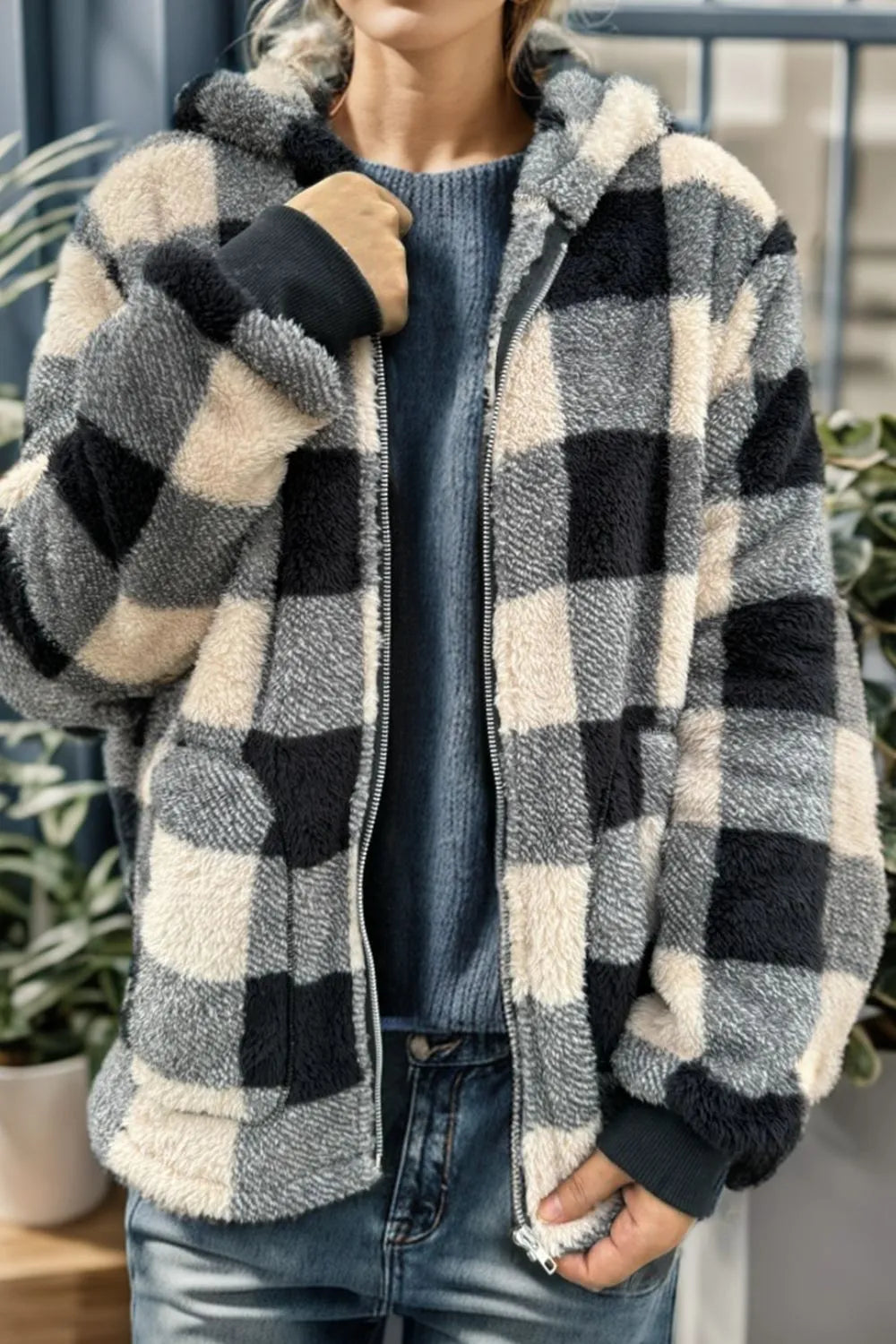 Double Take Full Size Check Fuzzy Sherpa Hooded Zip Up Teddy Winter Coat with Pockets Plus Size - Lilixa.store