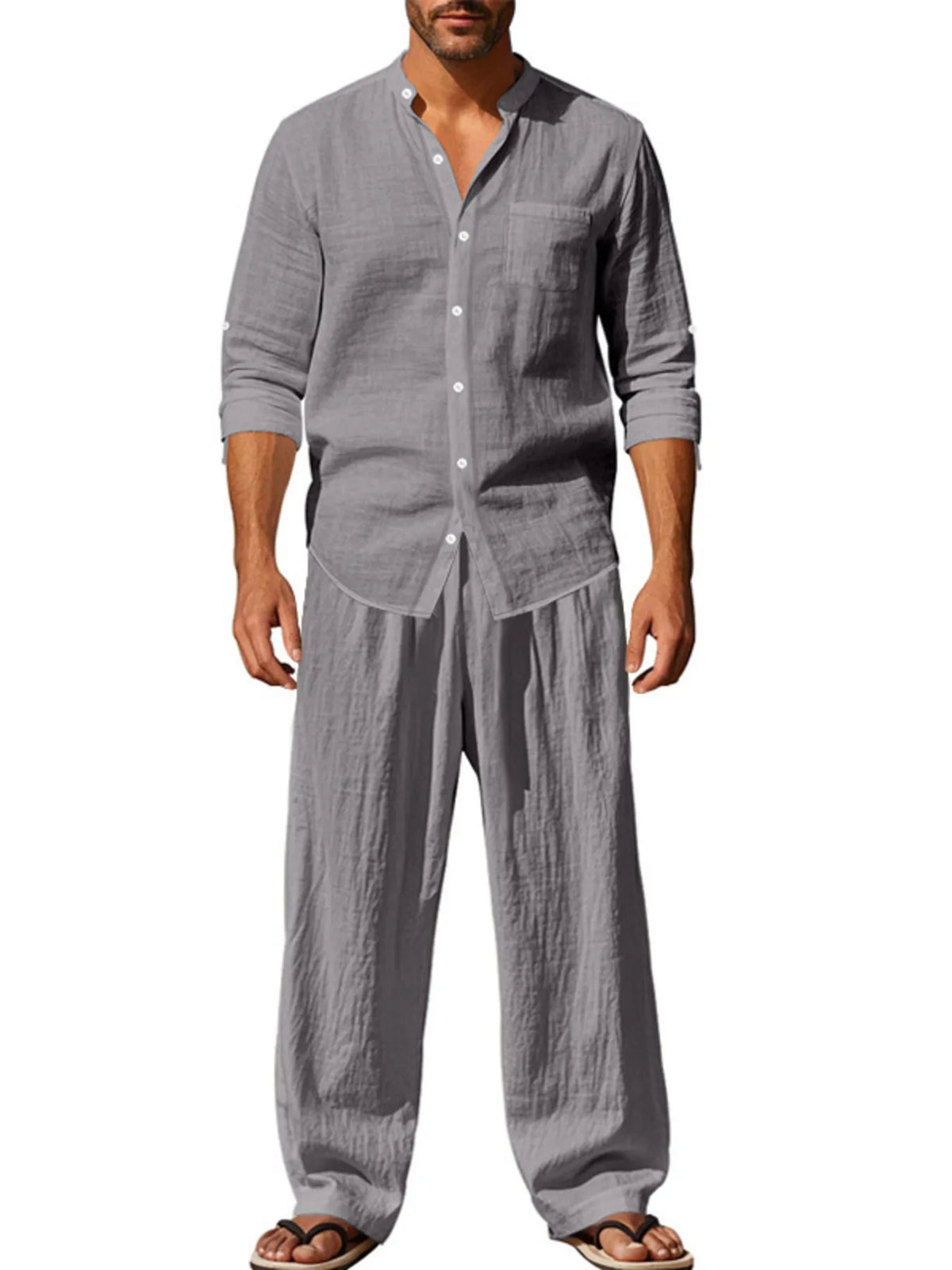 Men's Full Size Button Up Shirt and Pants Set Plus Size in Grey