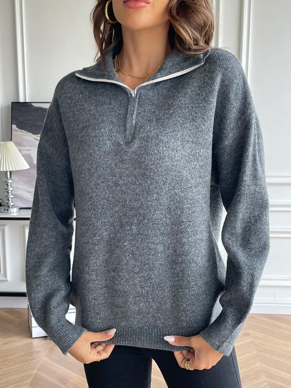 Half Zip Dropped Shoulder Sweater in Charcoal