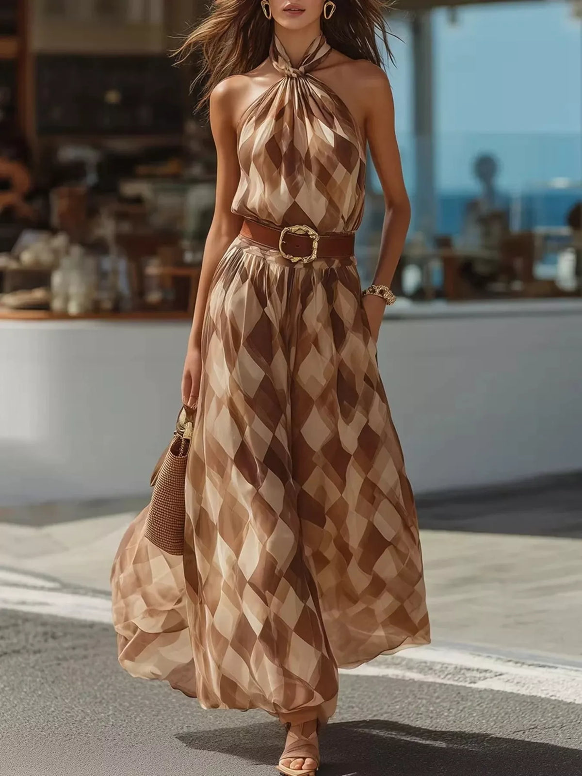 Diamond Pattern Halter Neck Maxi Dress