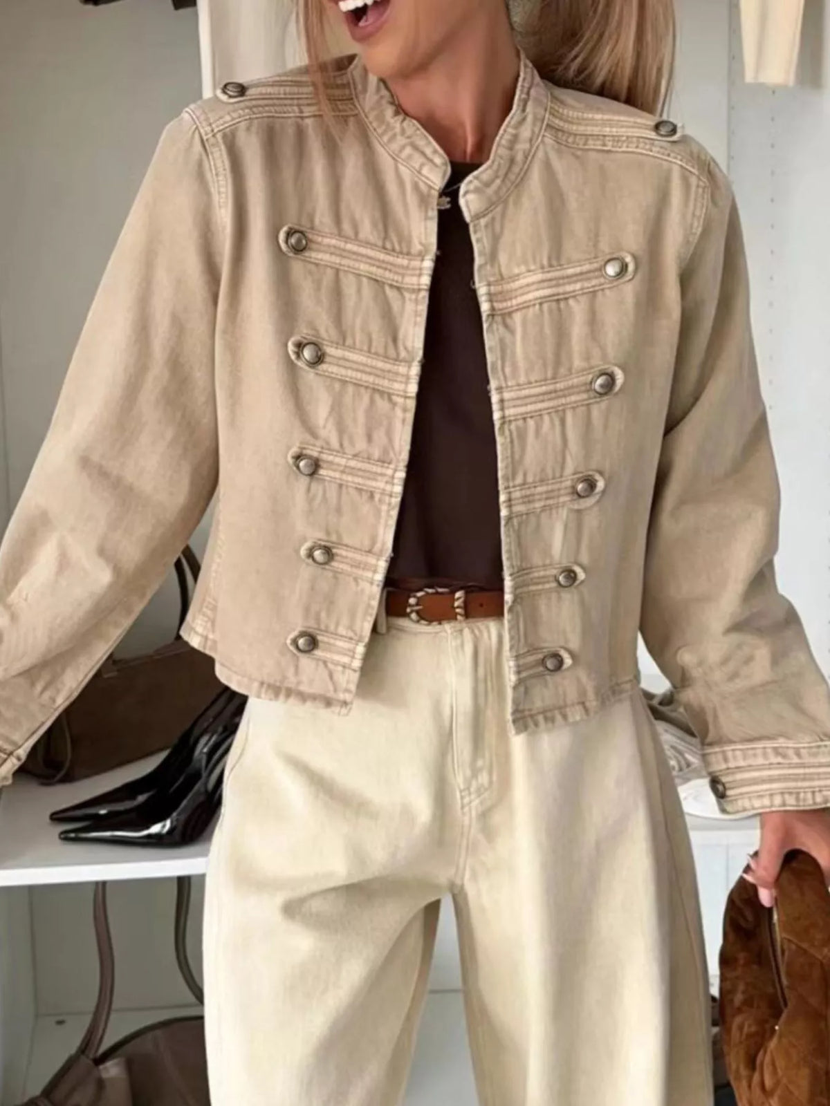 Decorative Button Cropped Denim Jacket