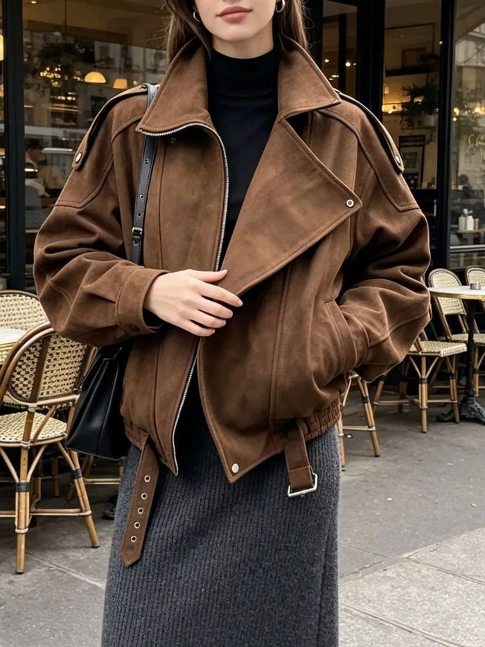 Asymmetrical Zipper Moto Jacket with Belt Detail in Brown