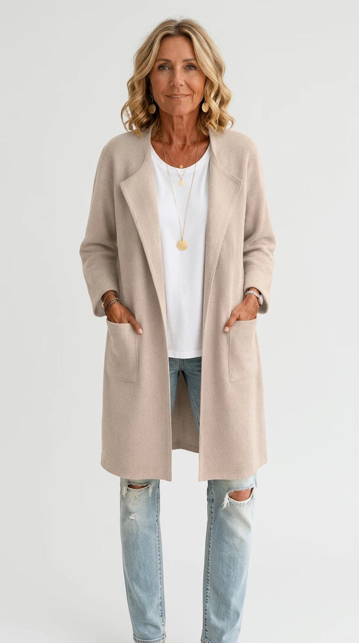 Full Size Open-Front Longline Knit Outerwear Plus Size in Apricot Color