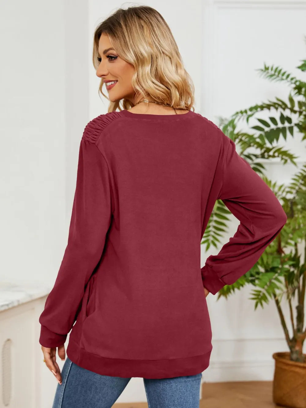 Ruched Shoulder Round Neck Long Sleeve Sweatshirt - Lilixa.store
