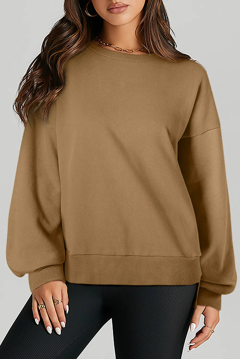 High-Low Round Neck Long Sleeve Sweatshirt - Lilixa.store