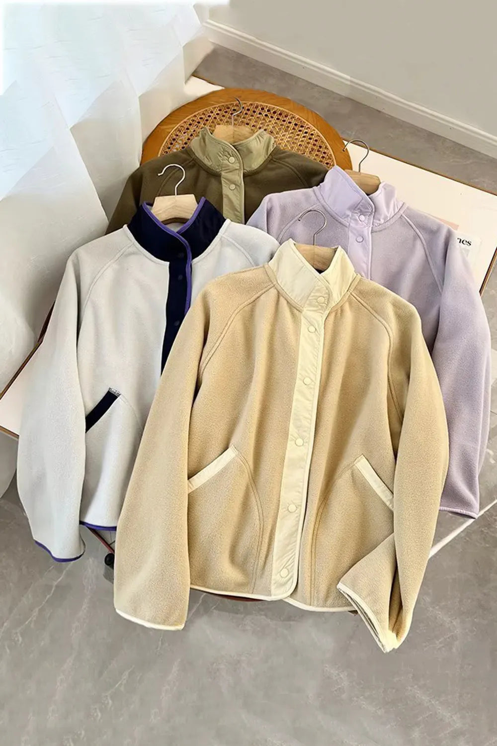 Snap Down Contrast Fleece Jacket with Pockets - Lilixa.store