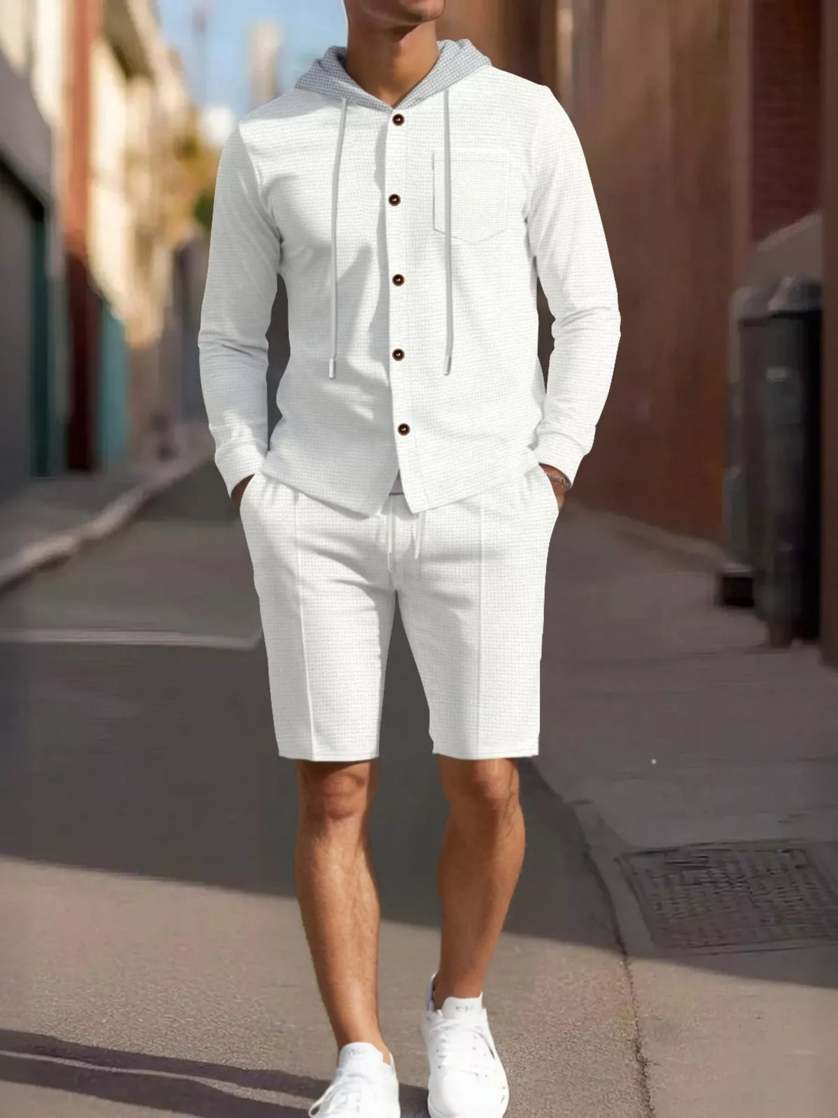 Men's Full Size Casual Hooded Button-Up Top and Shorts Set Plus Size - Lilixa.store