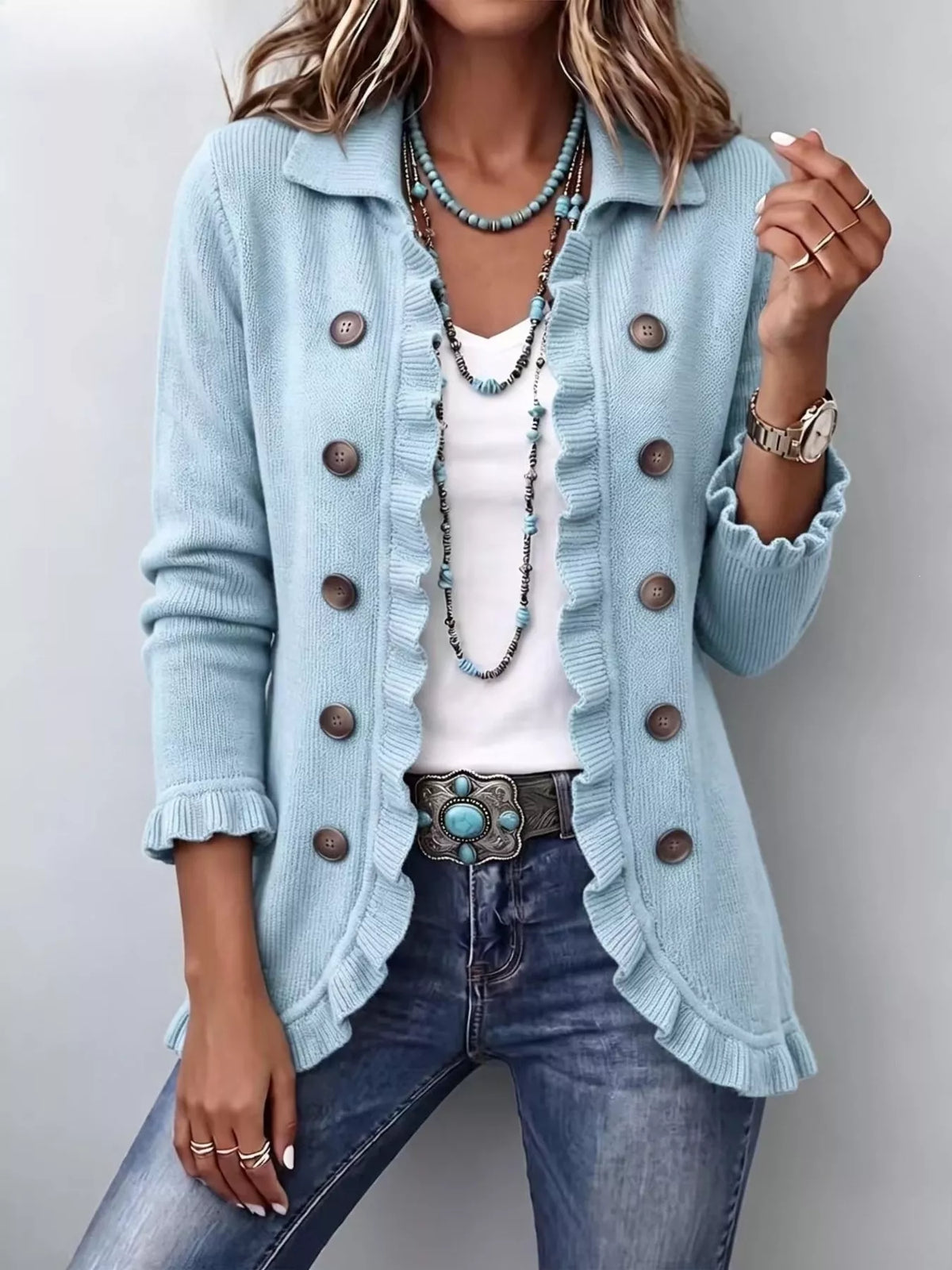 Full Size Ruffled Trim Decorative Button Cardigan Plus Size - Lilixa.store