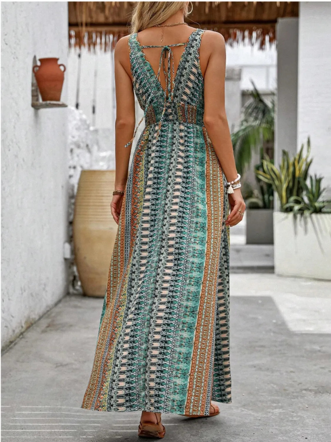 Tied Back Printed Sleeveless Maxi Slit Dress, view 8