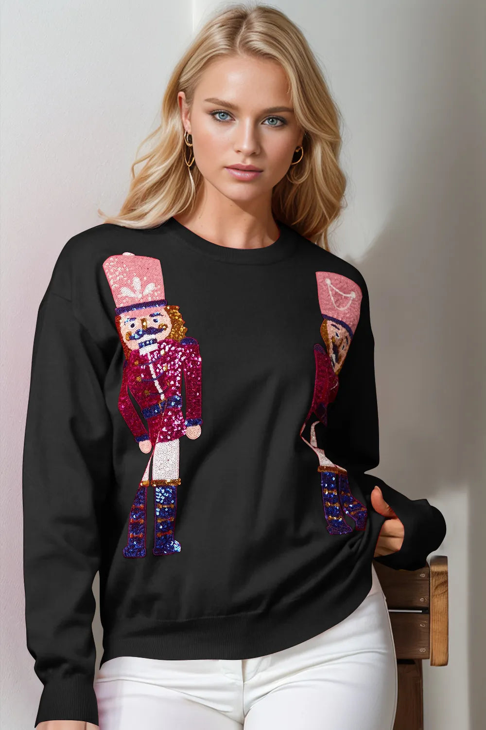 Double Take Full Size Nutcracker Sequin Long Sleeve Sweater in Black