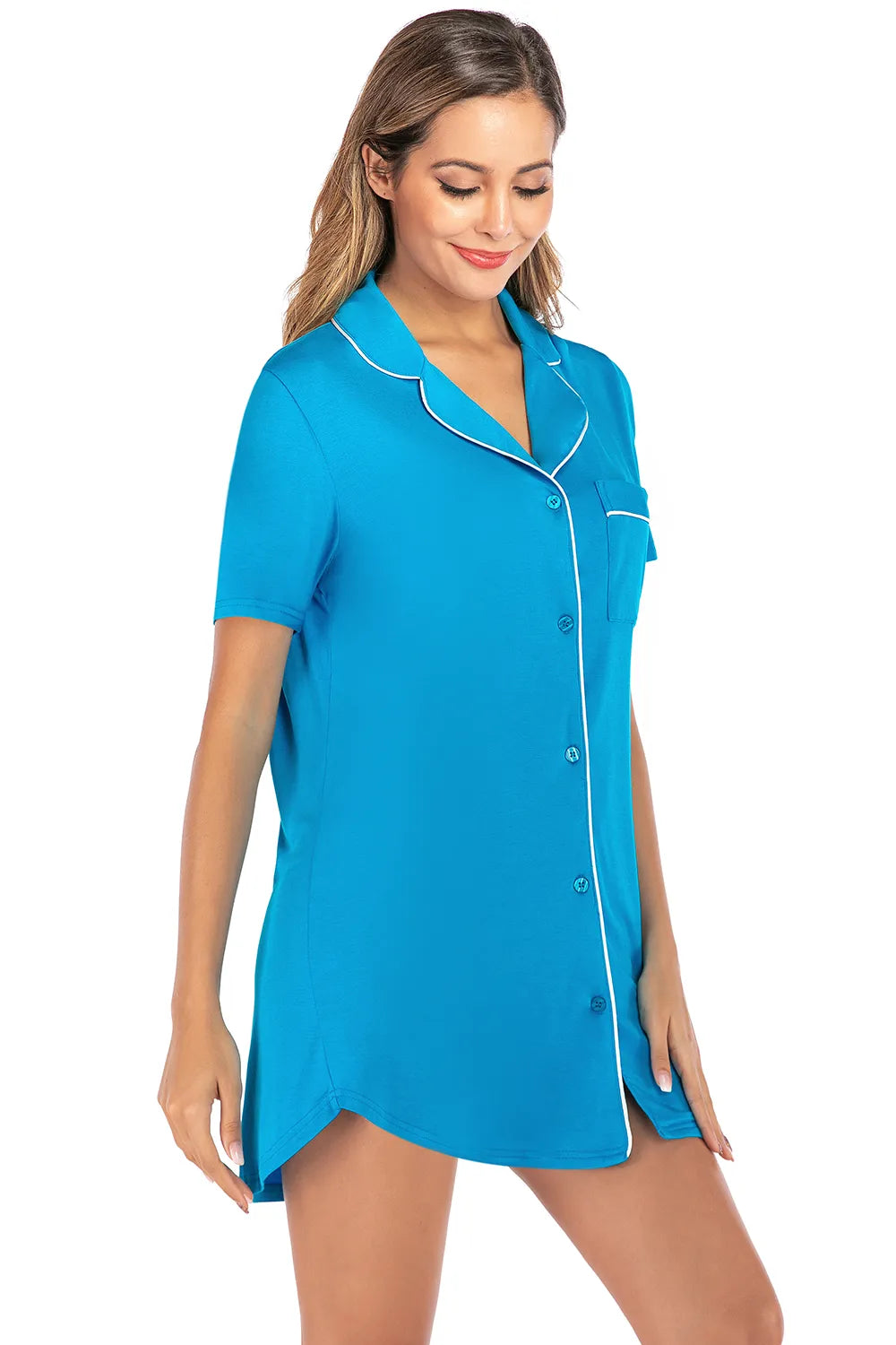 Contrast Piping Pocketed Short Sleeve Lounge Dress - Lilixa.store