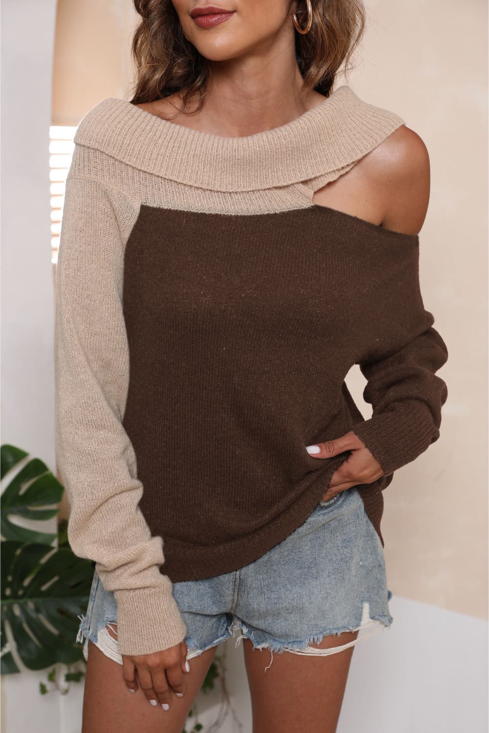 Asymmetrical Long Sleeve Two-Tone Cutout Sweater, view 3
