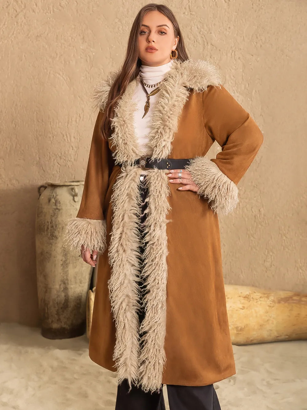 Plus Size Furry Trim Open Front Long Sleeve Coat in Caramel