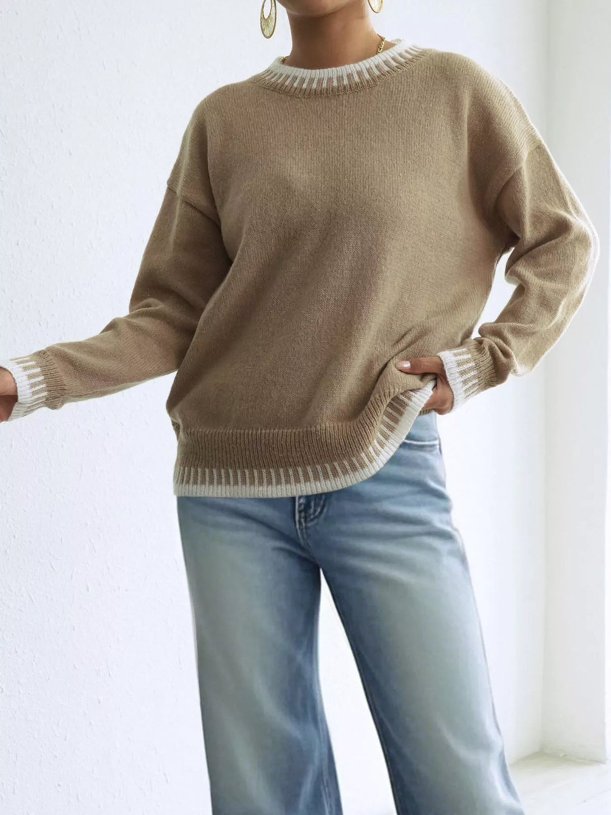 Contrast Trim Crew Neck Drop Shoulder Sweater - Lilixa.store
