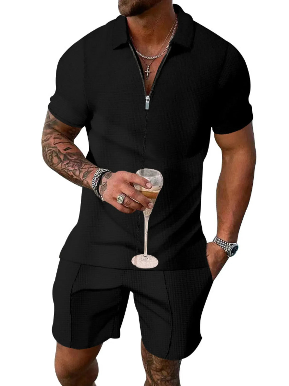 Men's Plus Size Zip Up Short Sleeve Top and Shorts Set in Black