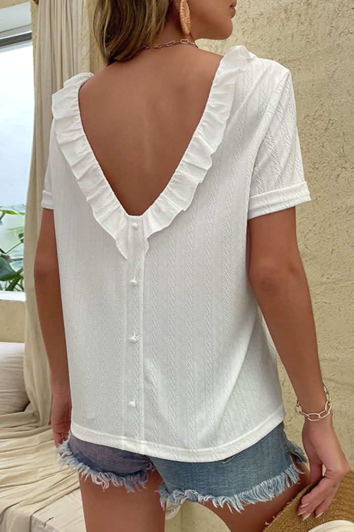 Perfee Round Neck Ruffled Short Sleeve Blouse in White