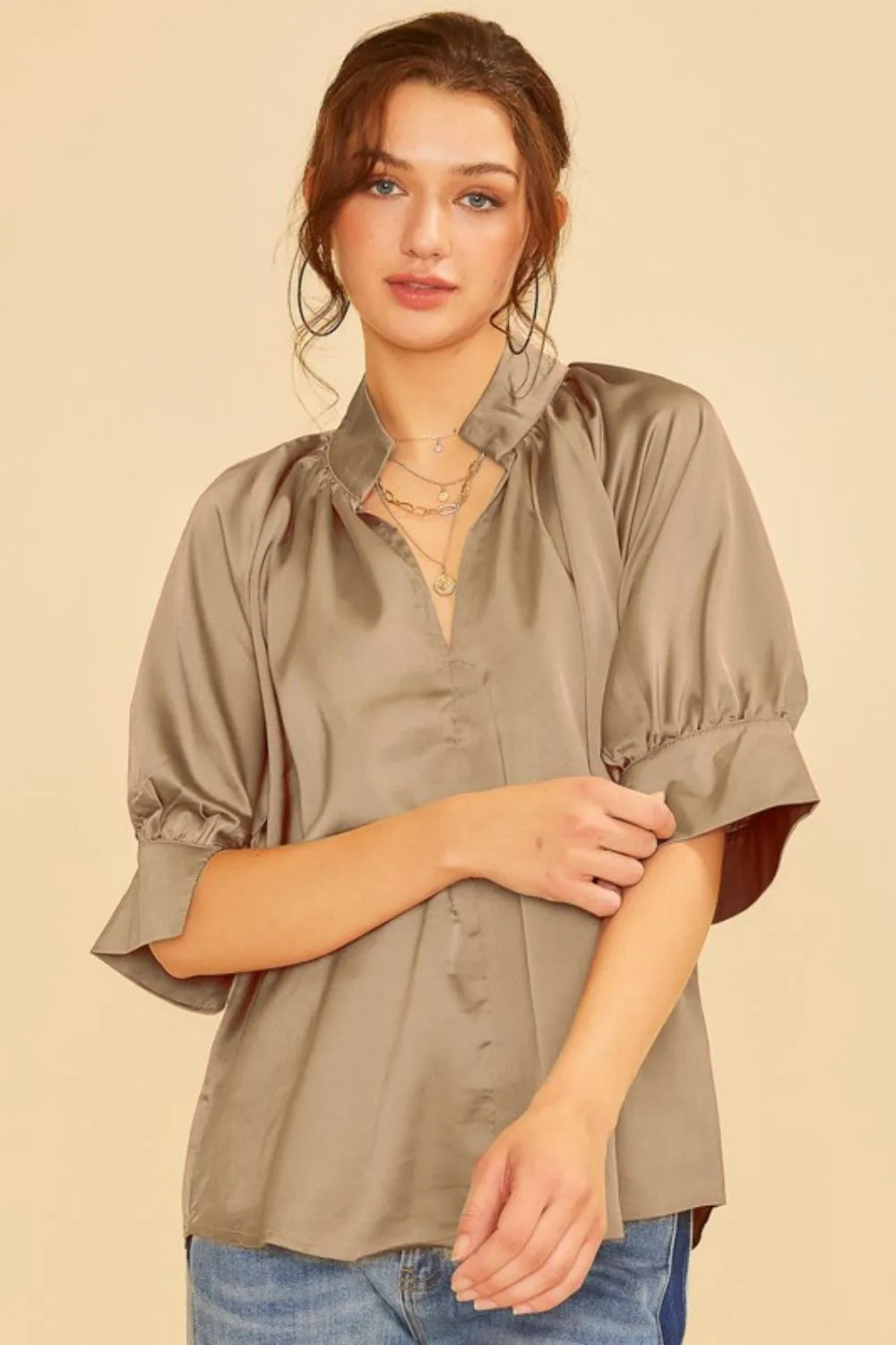 Annie Wear Satin V Neck Open Short Sleeve Woven Blouse Top in Mocha