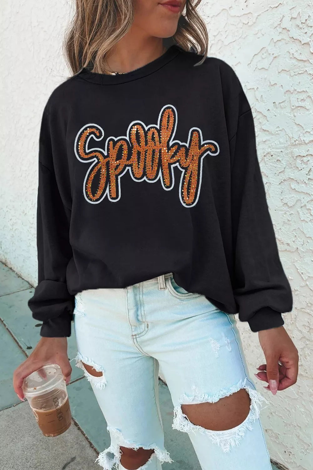 Spooky Rhinestone Drop Shoulder Sweatshirt - Lilixa.store