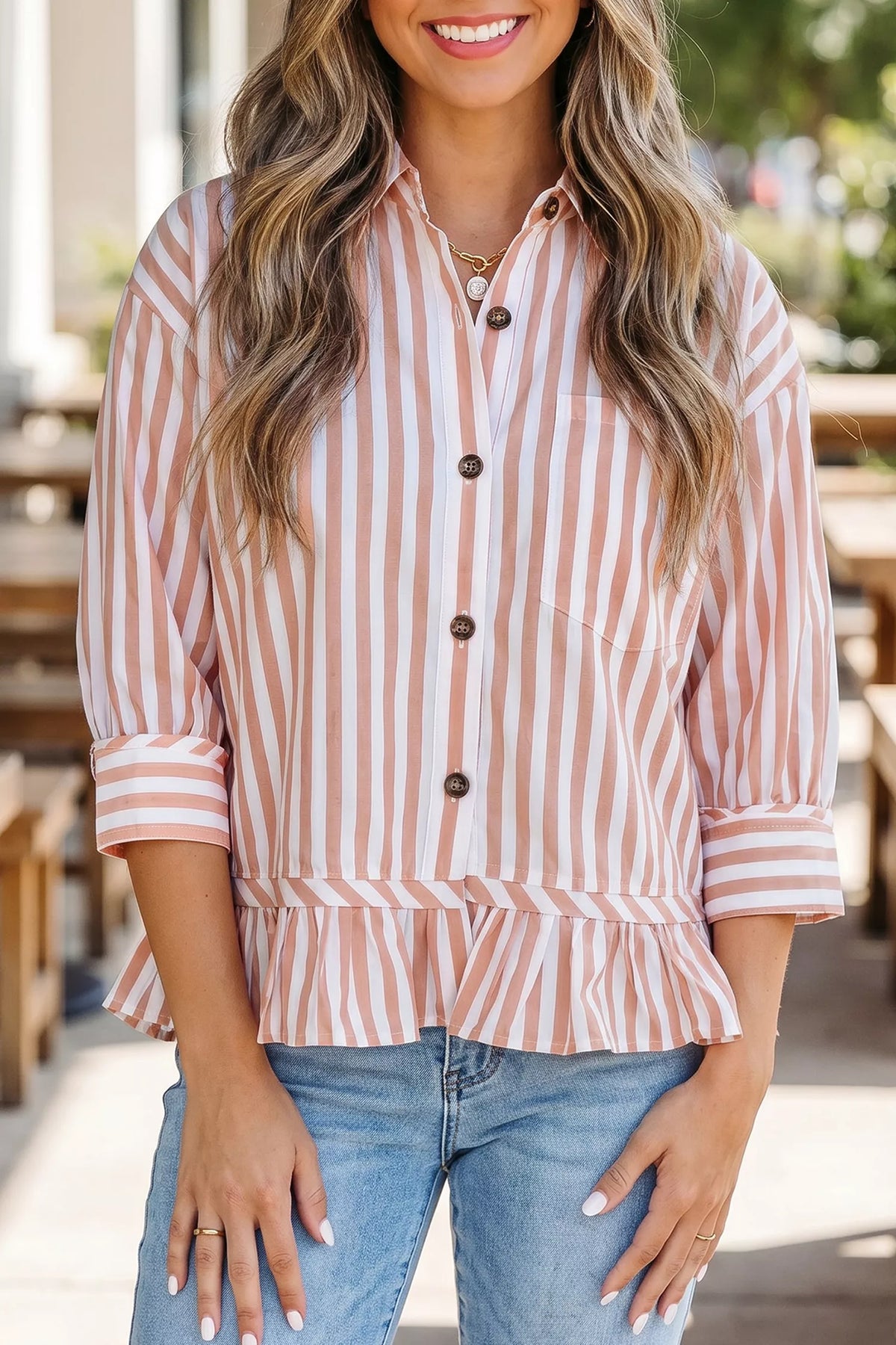 Stripe Collar Button Front Bracelet Sleeve Ruffle Hem Shirt - Lilixa.store