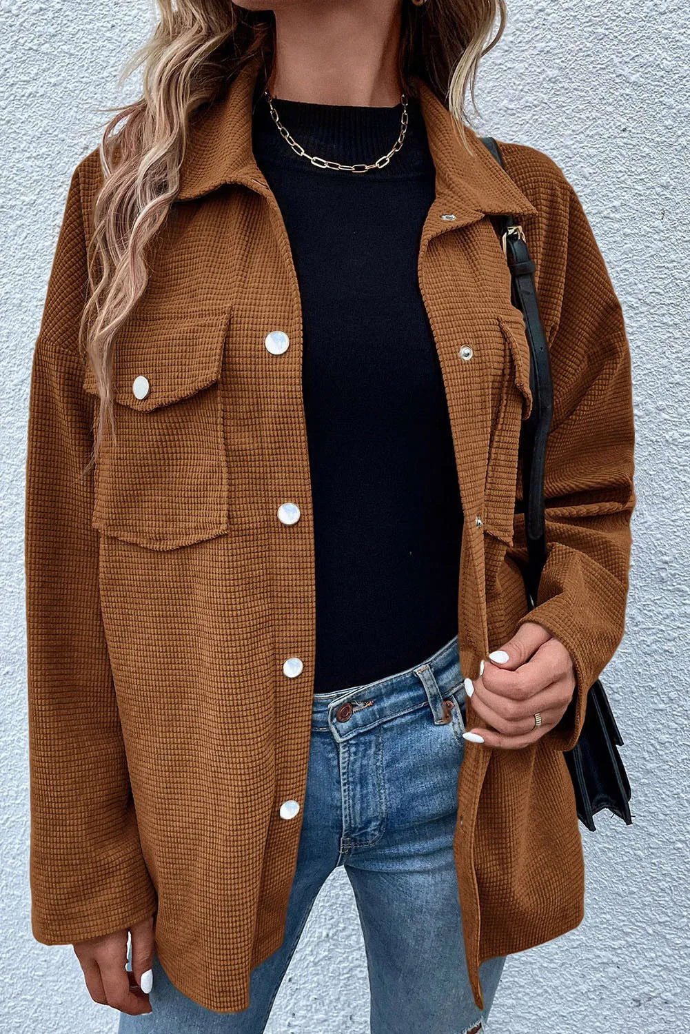 Pocketed Snap Down Long Sleeve Jacket in Brown