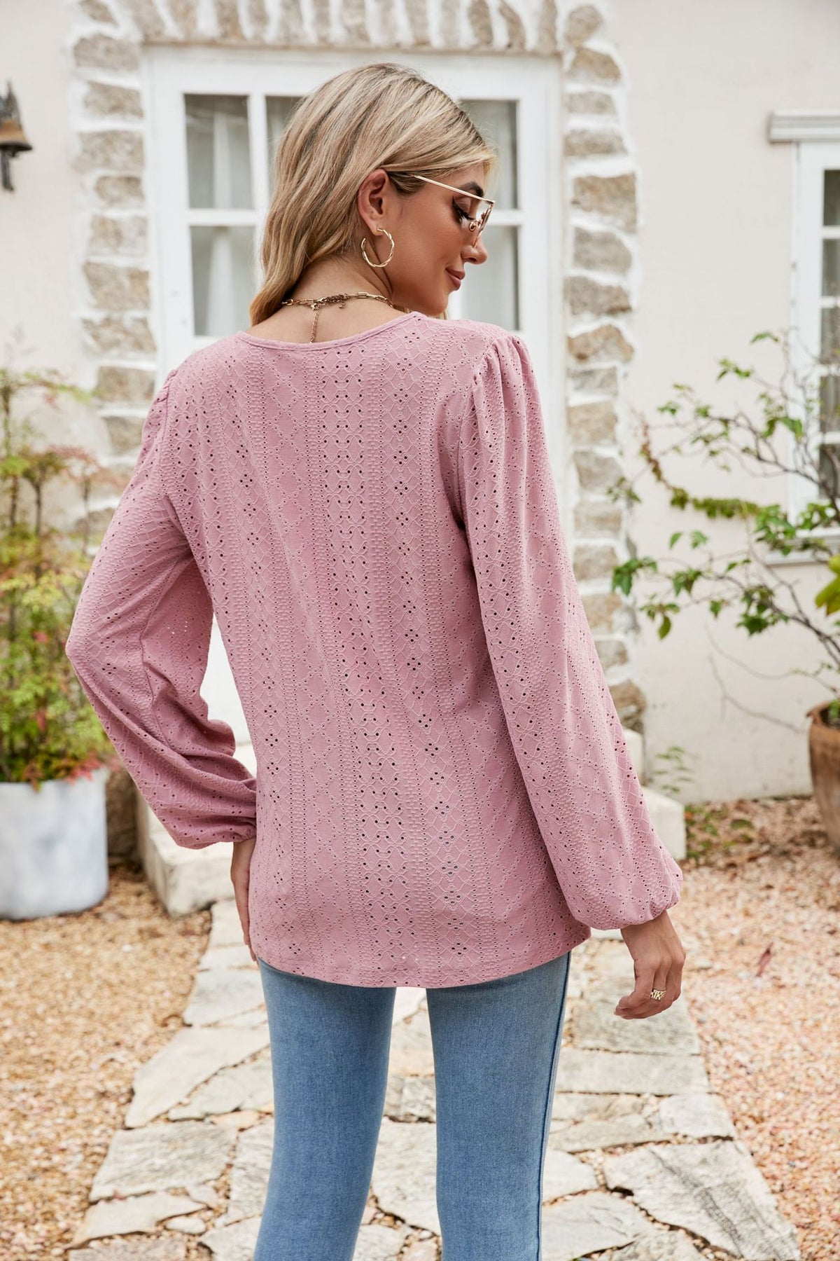 Eyelet Notched Neck Balloon Sleeve Blouse, view 4