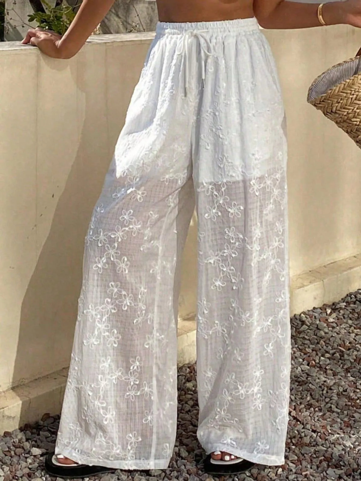 High-Waisted Sheer Floral Embroidered Wide-Leg Pants in White, view 2