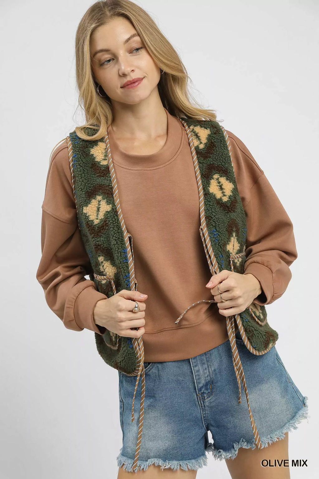 Umgee Mix Patterned Sherpa Tie-Front Vest - Lilixa.store