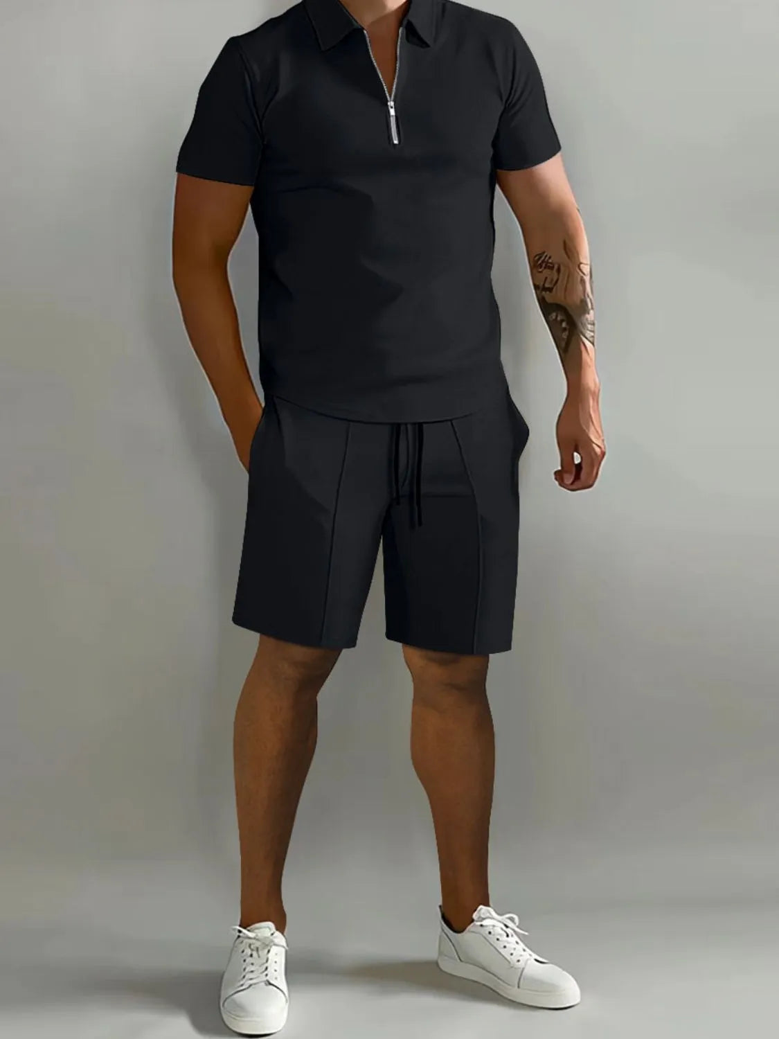 Men's Full Size Collared Neck Short Sleeve Top and Shorts Set Plus Size in Black